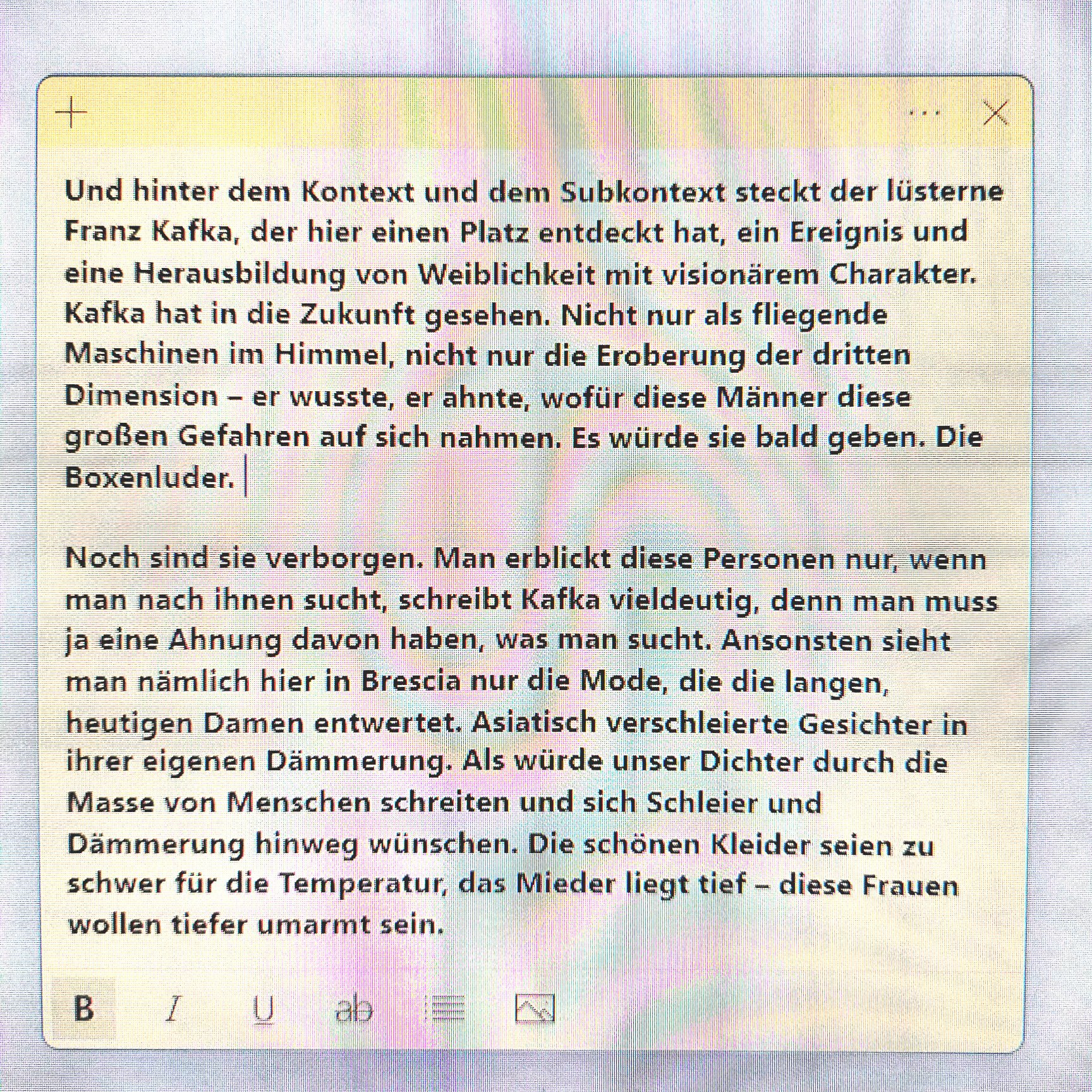 Kombination der Beobachtungen von Kafka aus dem Artikel 'Die Aeroplane in Brescia' und einem eigenen Prosastück mit dem Titel 'Tiefe Umarmungen in Bresica'